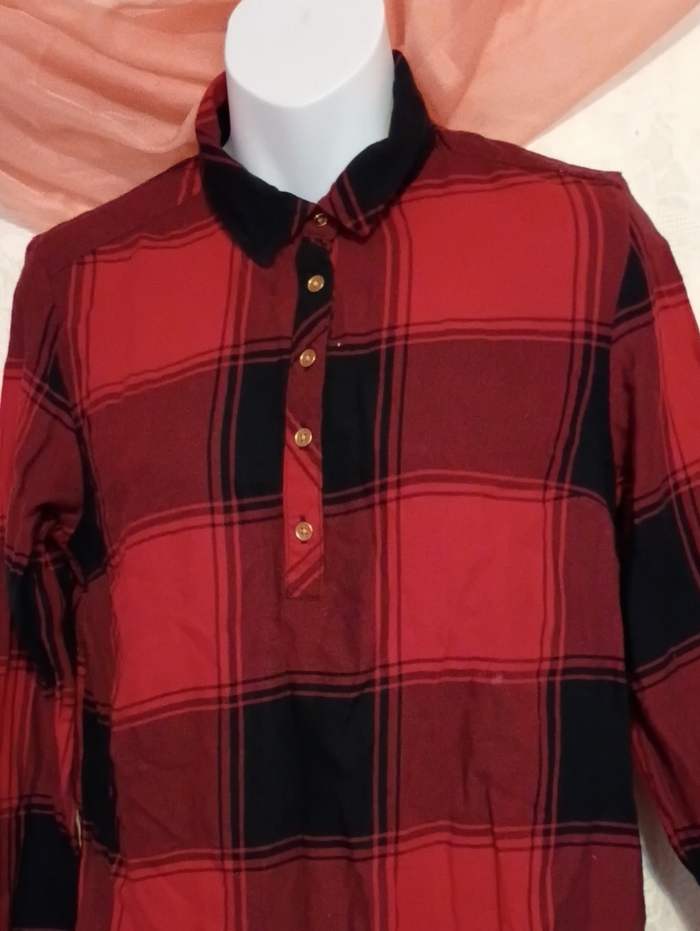 Tommy Hilfiger Ladies Red & Navy Blue Checkered Tunic Button Down Top Sz XS - Picture 2 of 7